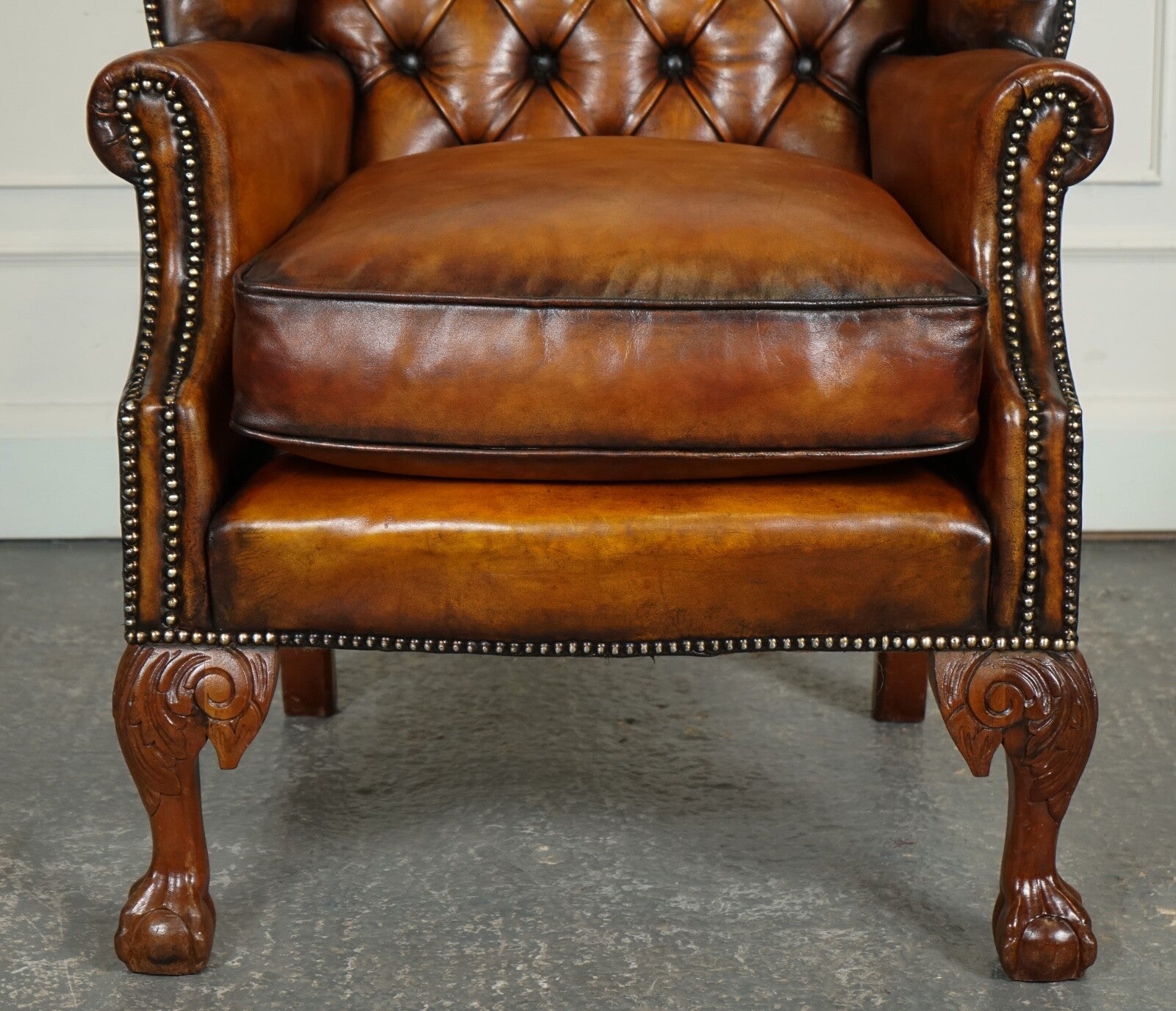 RESTORED PAIR OF HAND DYED BROWN LEATHER CHESTERFiELD WINGBACK ARMCHAIRS