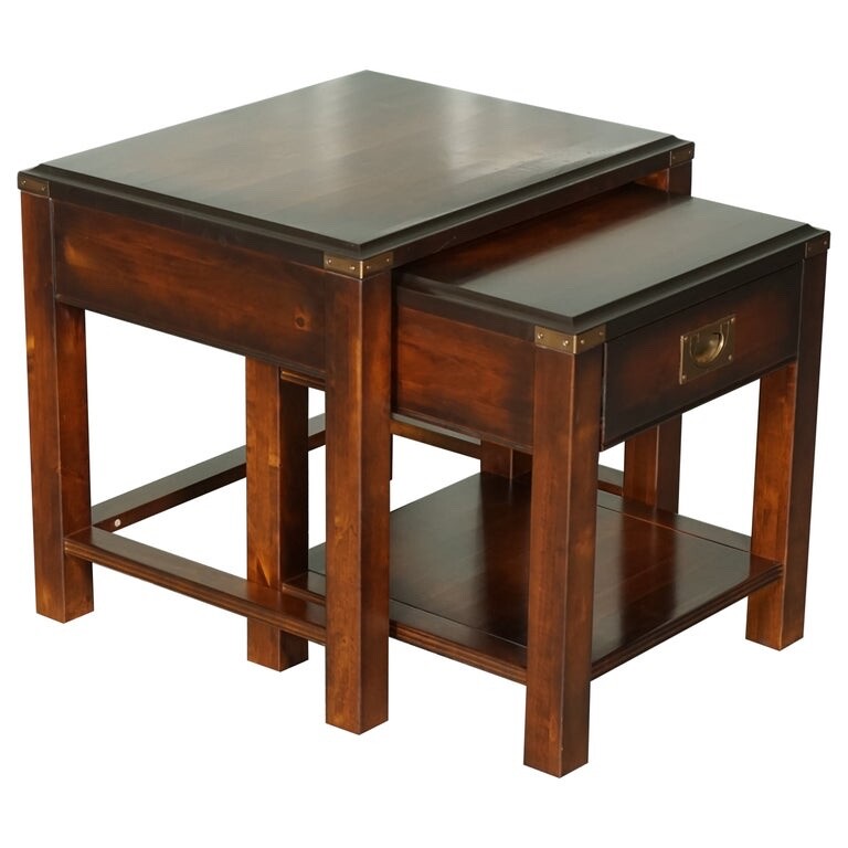 VINTAGE MAHOGANY & BRASS MILITARY CAMPAIGN NEST OF TABLES WITH DRAWER