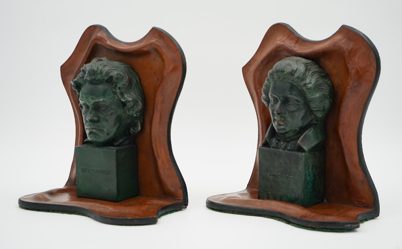 VERY RARE MOZART AND BEETHOVEN LEATHER BOOKENDS WITH LOVELY PATINA