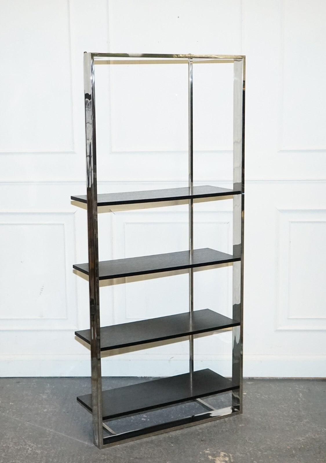 POLISHED STAINLESS STEEL BLACK AND SILVER ART DECO STYLE BOOKCASE SHELF DISPLAY