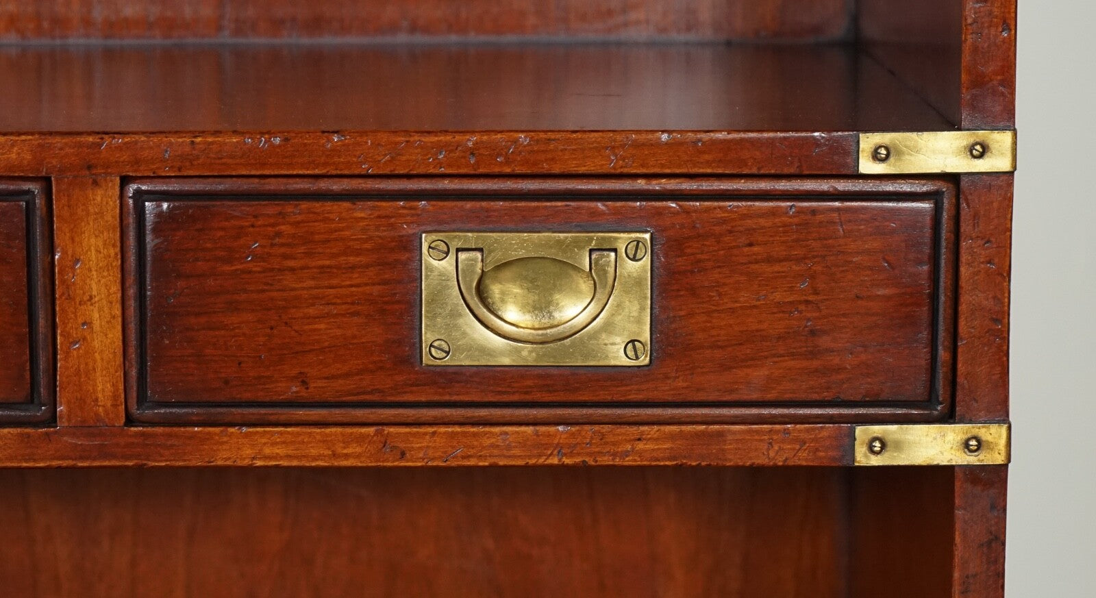 HARRODS LONDON KENNEDY THREE DRAWERS BURR YEW WOOD & BRASS MILITARY BOOKCASE