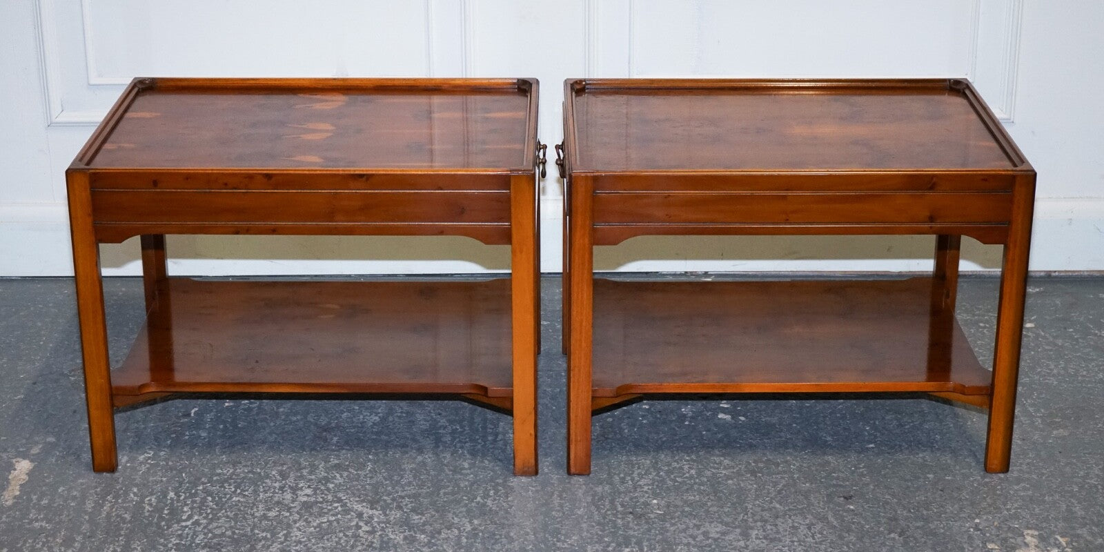 VINTAGE PAIR OF BEVAN FUNNELL YEW WOOD TWO TIERED SIDE LAMP SIDE TABLES