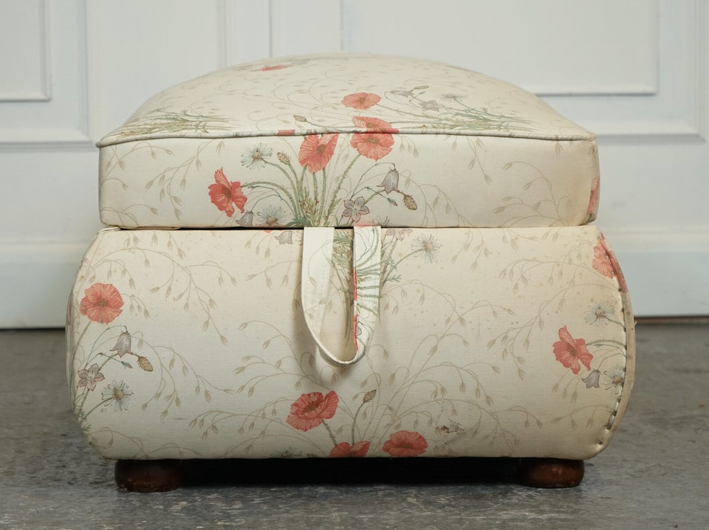 LARGE ANTIQUE VICTORIAN POPPY FLOWER PATTERN FABRIC OTTOMAN CHEST TRUNK  J1