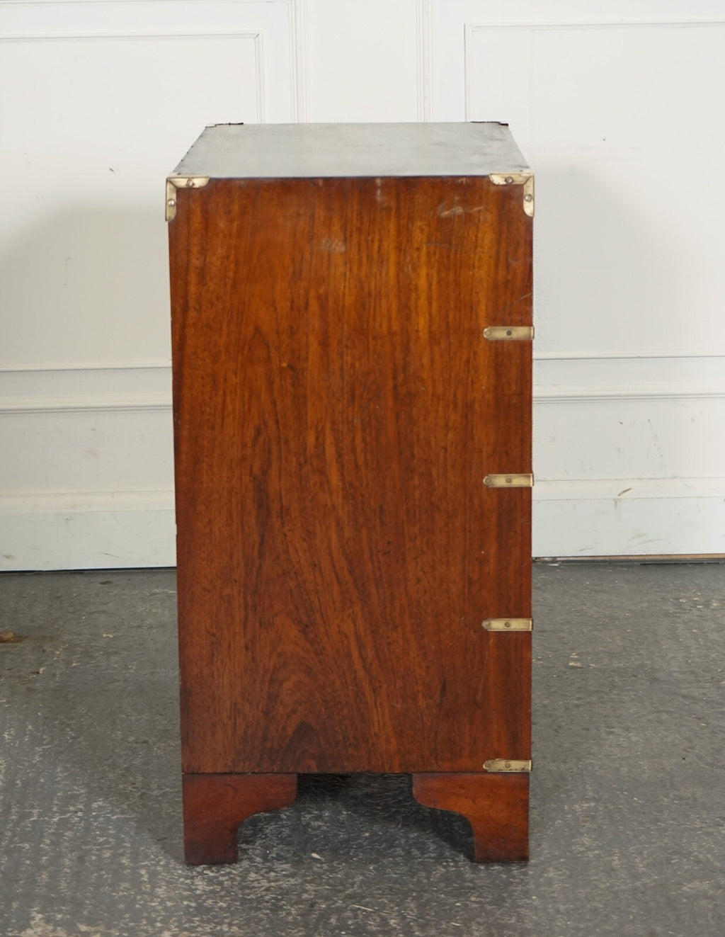VINTAGE MILITARY CAMPAIGN SECRETAIRE CHEST OF DRAWERS WITH AGED GREEN LEATHER