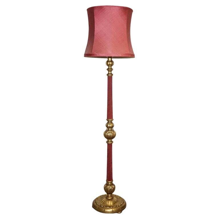 CIRCA 1940 ITALIAN RED FABRIC AND GILT FLOOR STANDING LAMP WITH ORIGINAL SHADE