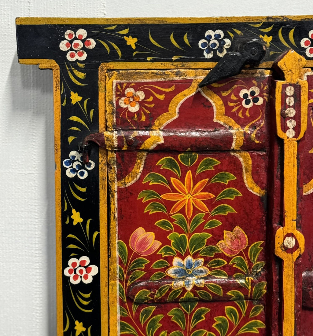 OLD INDiAN PAINTED WOOD WINDOW FRAME FLOWER AND VASE