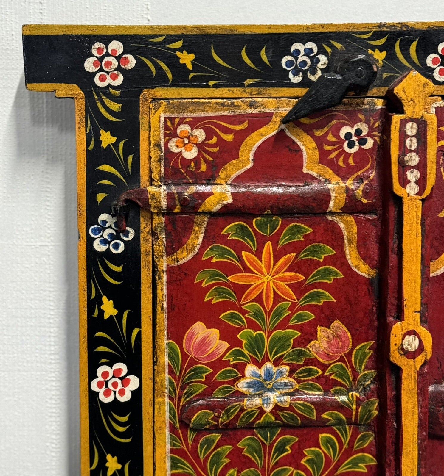 OLD INDiAN PAINTED WOOD WINDOW FRAME FLOWER AND VASE