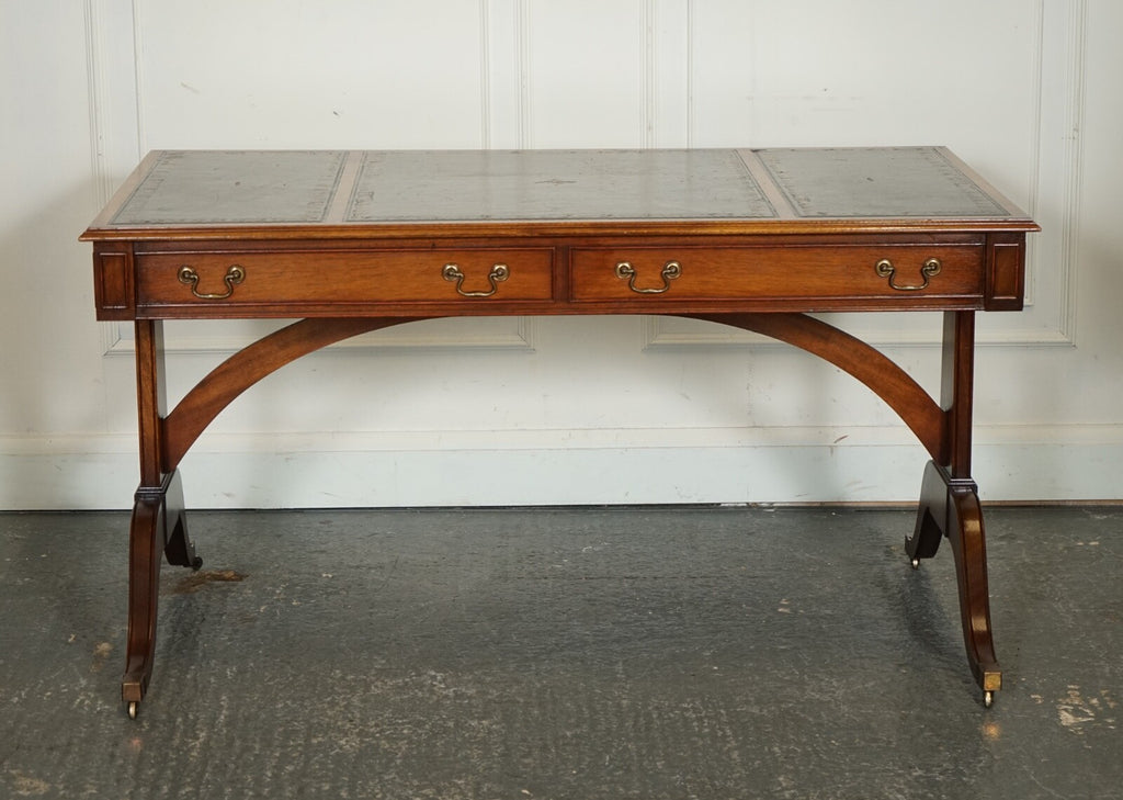 BEVAN FUNNEL REGENCY STYLE TWO DRAWERS WRITING OFFICE DESK TABLE GREEN LEATHER