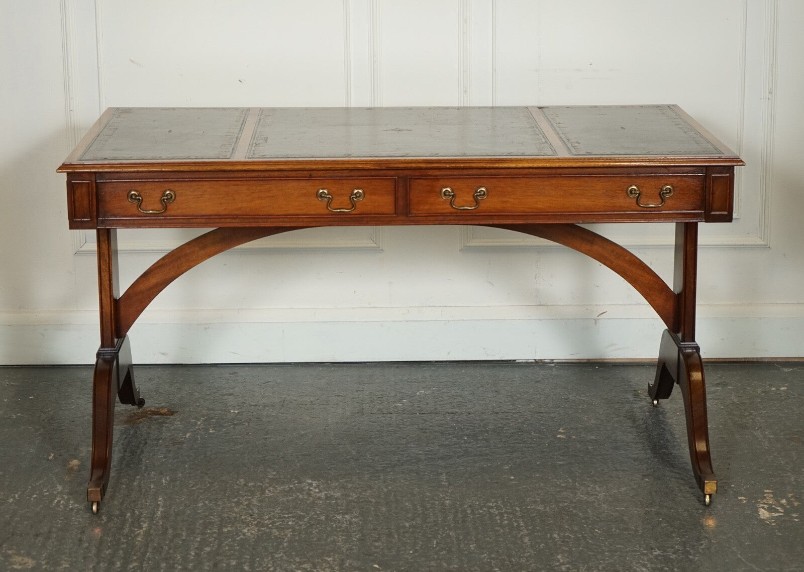 BEVAN FUNNEL REGENCY STYLE TWO DRAWERS WRITING OFFICE DESK TABLE GREEN LEATHER
