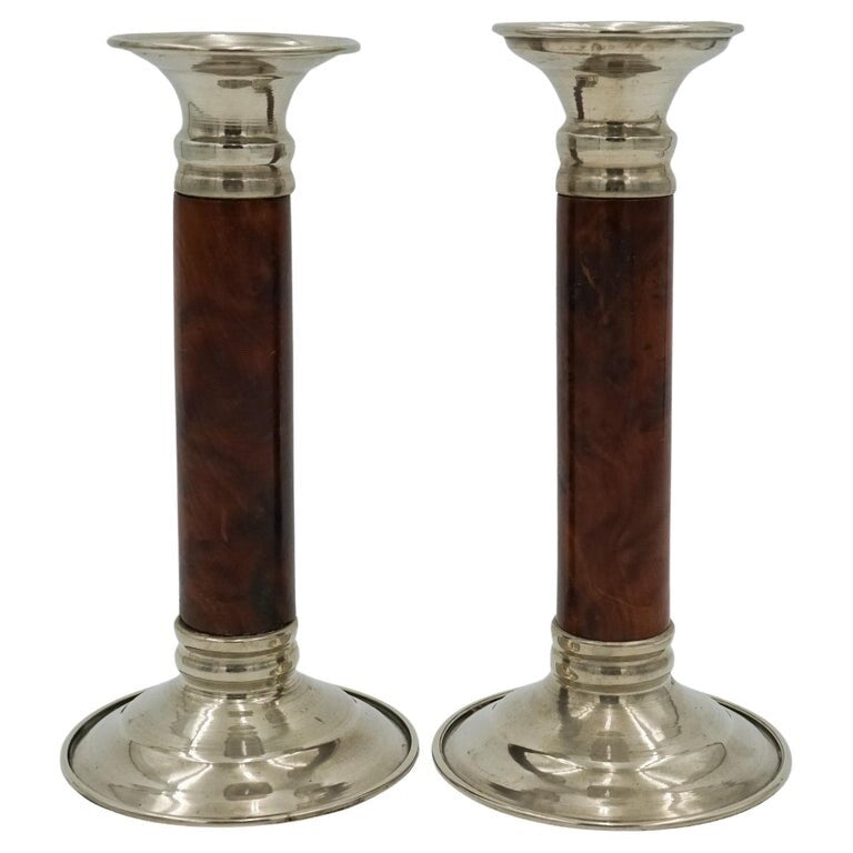PAIR OF LOVELY DECORATIVE ART DECO BURR WALNUT CANDLESTICKS