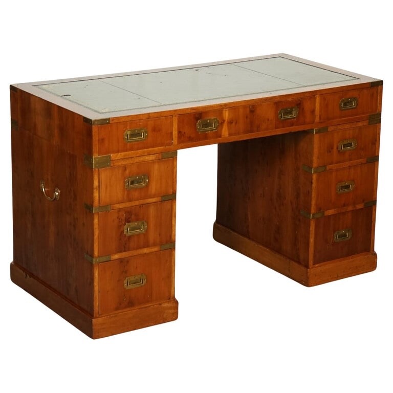VINTAGE BURR YEW CAMPAIGN MILITARY GREEN LEATHER TWIN PEDESTAL DESK BRASS
