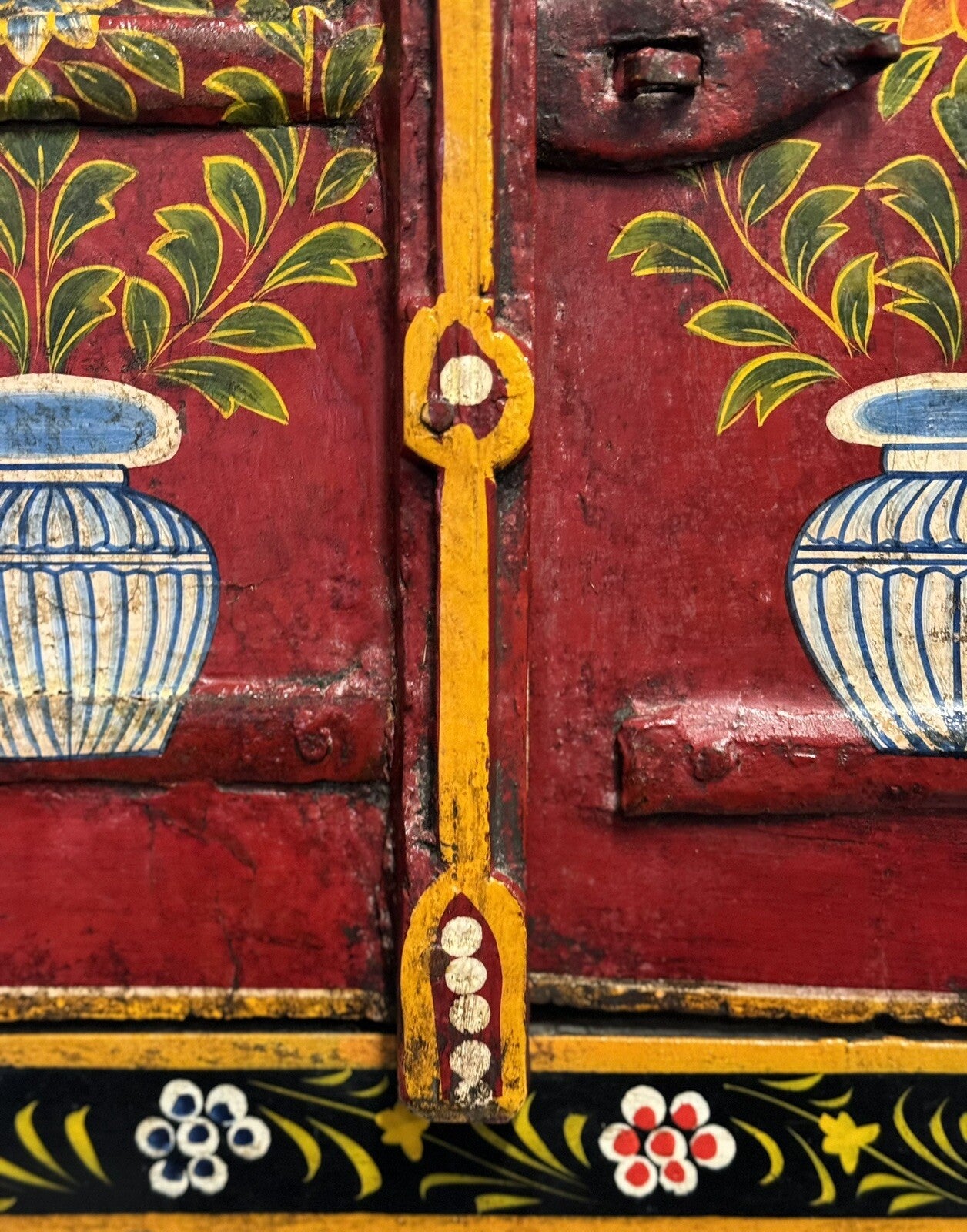 OLD INDiAN PAINTED WOOD WINDOW FRAME FLOWER AND VASE