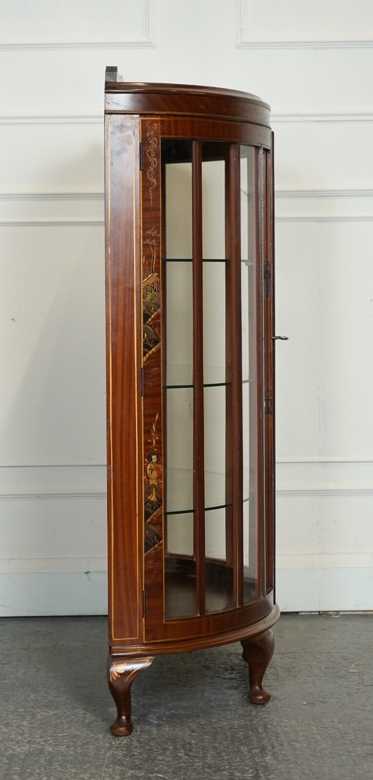 ORIENTAL CHINESE DWARF BOW FRONT DISPLAY CABINET WITH GLASS SHELVES
