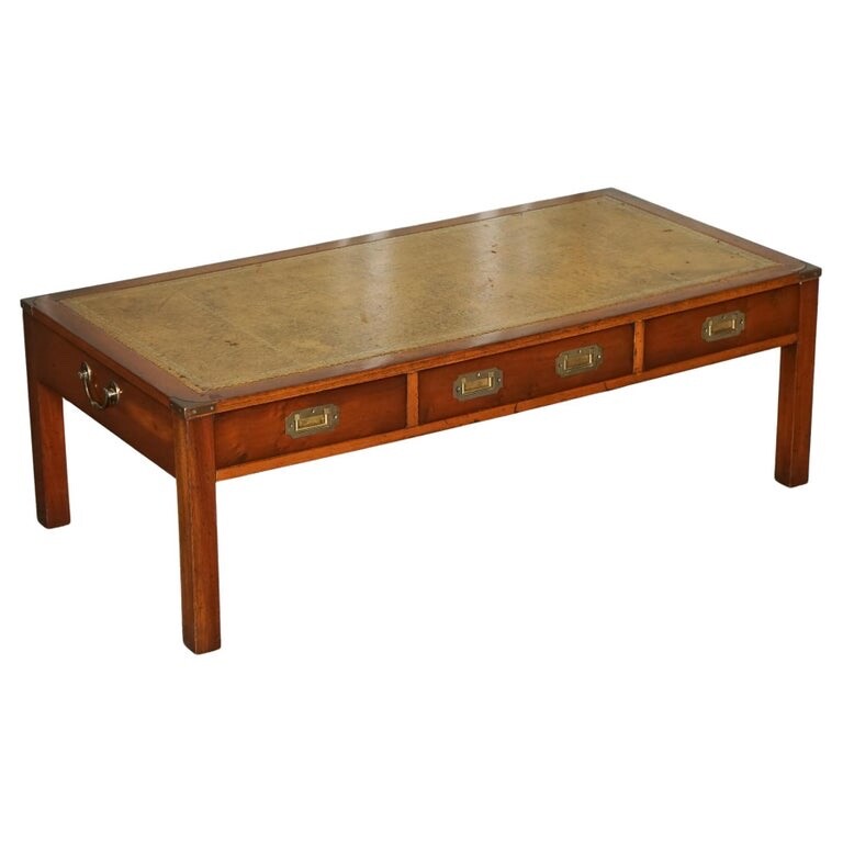 VINTAGE YEW WOOD MILITARY CAMPAIGN COFFEE TABLE WITH EMBOSSED LEATHER