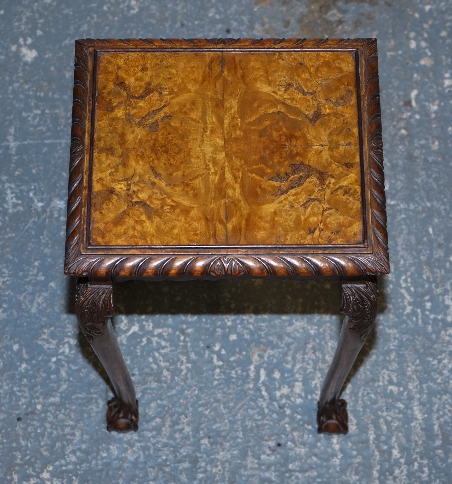 STUNNING BURR WALNUT NEST OF  THREE TABLES CARVED CLAW & BALL FEET