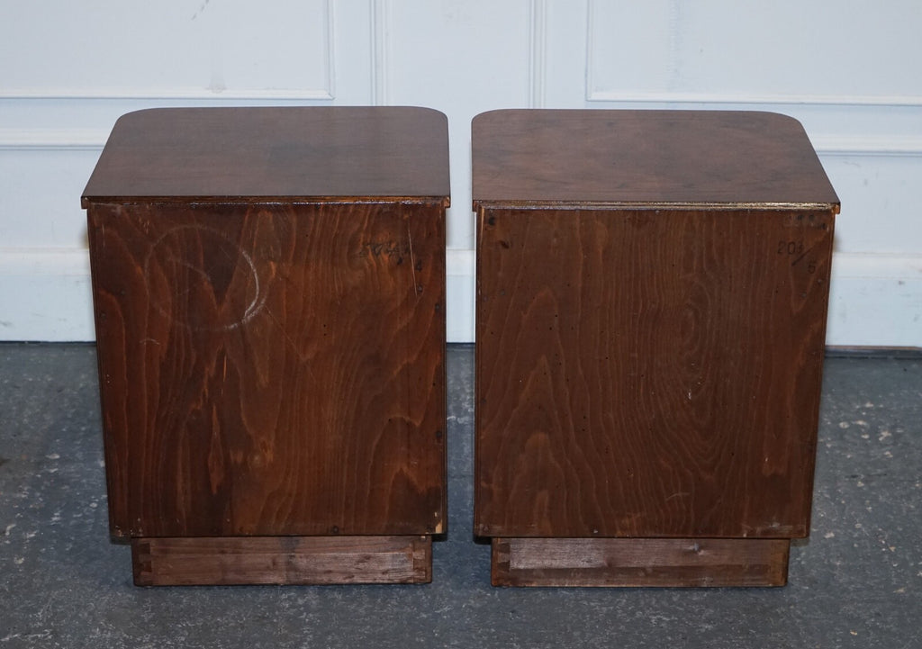 PAIR OF 1930'S ART DECO BURR WALNUT BEDSIDE TABLES NIGHTSTANDS DRAWER & CUPBOARD