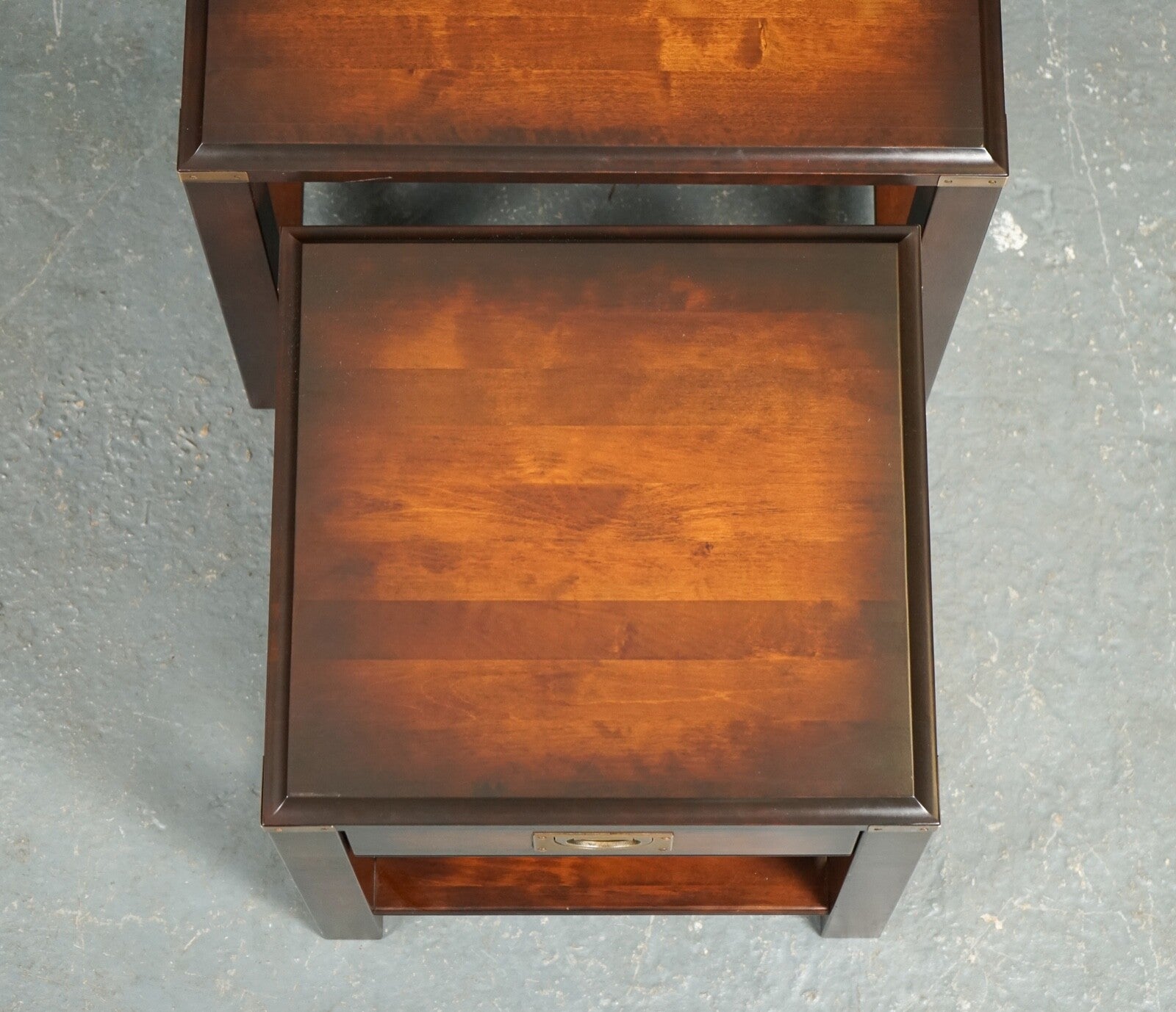 VINTAGE MAHOGANY & BRASS MILITARY CAMPAIGN NEST OF TABLES WITH DRAWER