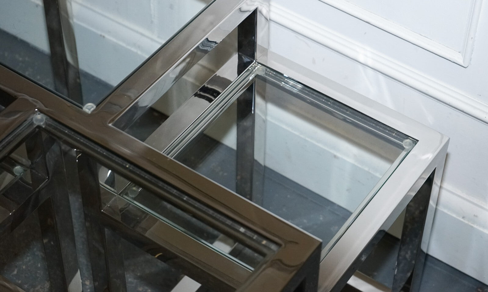 PAIR OF CASA PADRINO ART DECO STYLE GLASS POLISHED STAINLESS STEEL SIDE TABLES