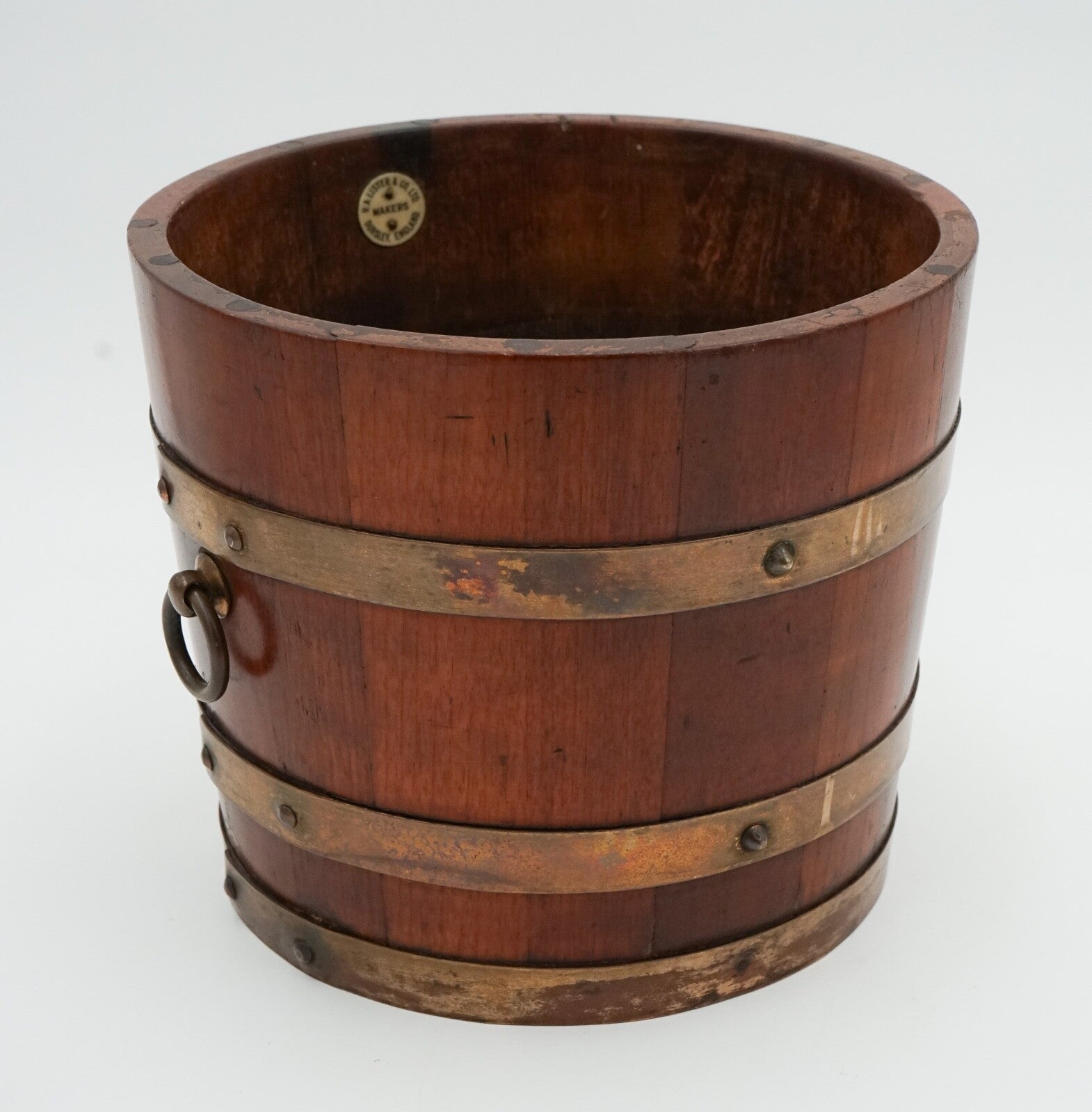 ANTIQUE R.A. LISTER & CO OAK BUCKET BRASS BRACES STUNNING PATINA