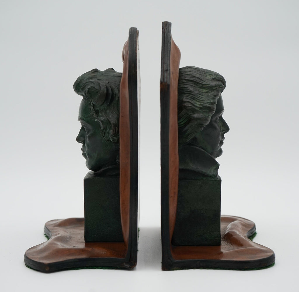 VERY RARE MOZART AND BEETHOVEN LEATHER BOOKENDS WITH LOVELY PATINA