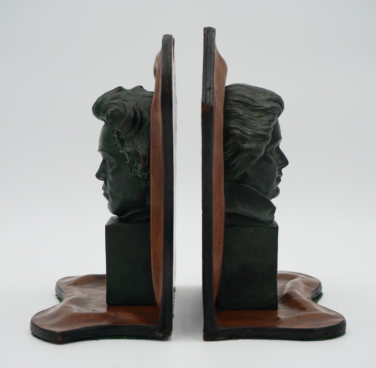 VERY RARE MOZART AND BEETHOVEN LEATHER BOOKENDS WITH LOVELY PATINA