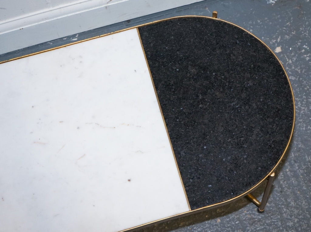 CONTEMPORARY ITALIAN TWO TONE MARBLE & LIMESTONE COFFEE TABLE ON METAL GOLD LEGS