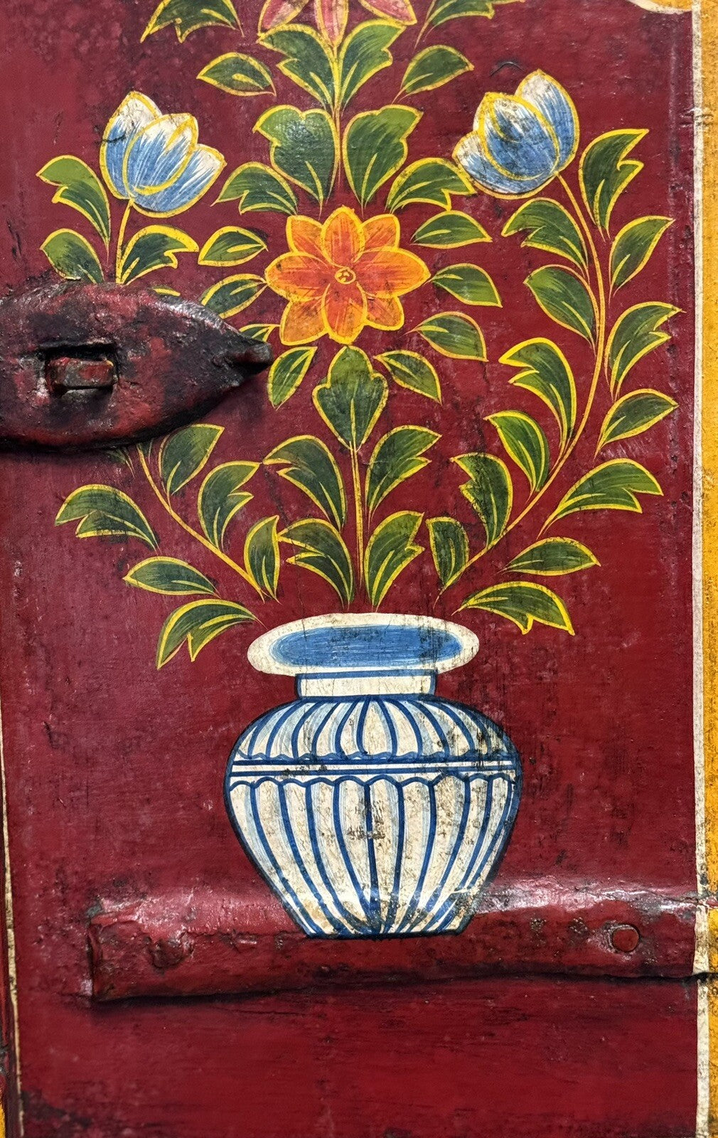 OLD INDiAN PAINTED WOOD WINDOW FRAME FLOWER AND VASE