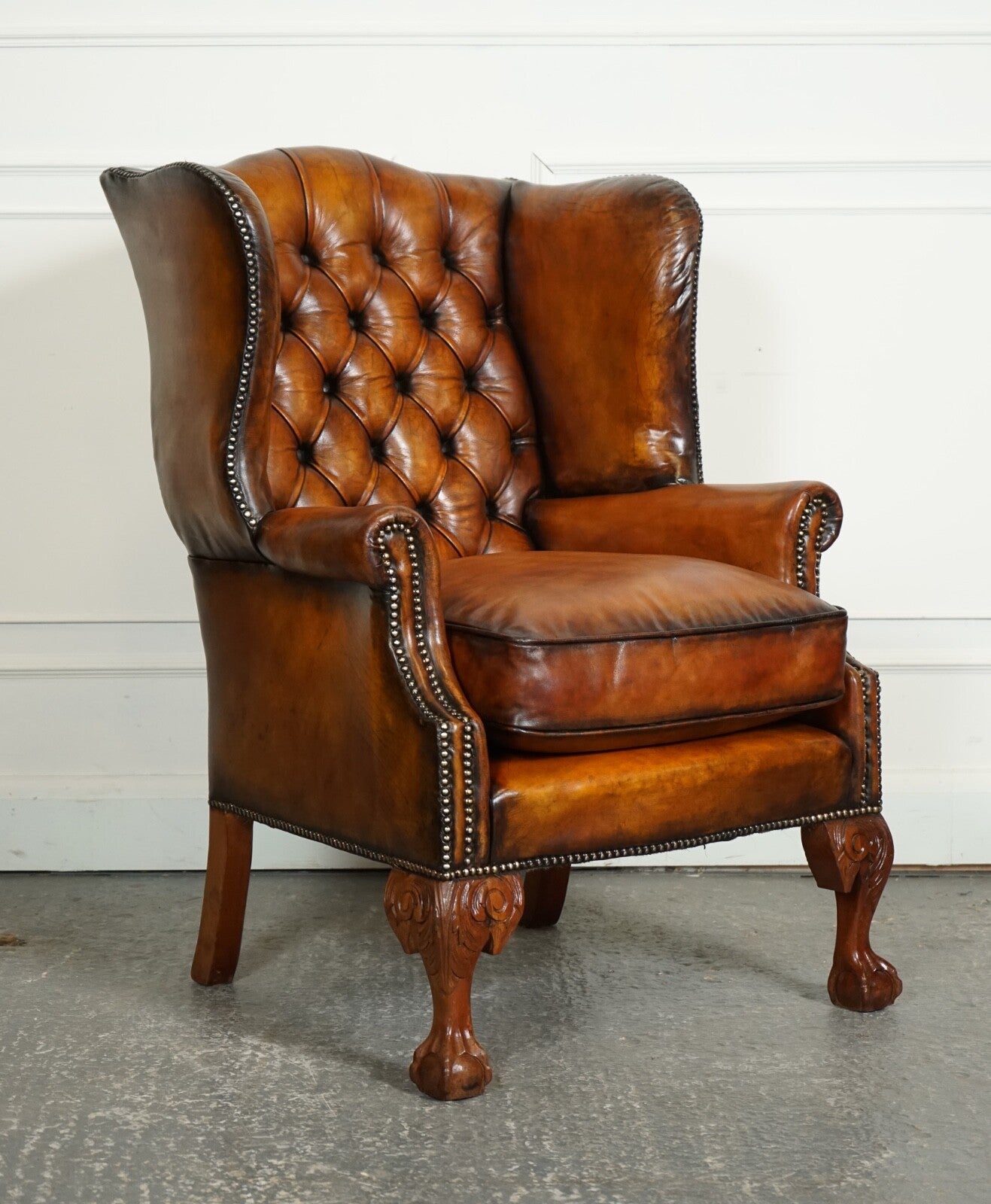 RESTORED PAIR OF HAND DYED BROWN LEATHER CHESTERFiELD WINGBACK ARMCHAIRS