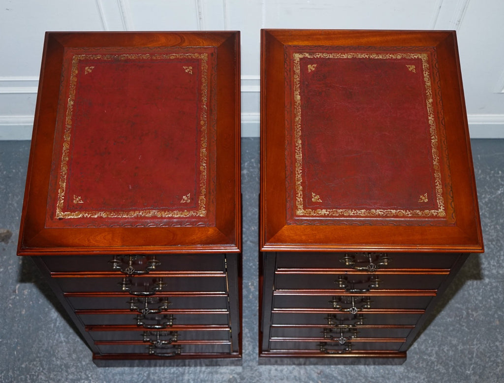 PAIR OF FILLING CABINETS BURGUNDY LEATHER GOLD EMBOSSED TOP 3 SPACIOUS DRAWERS