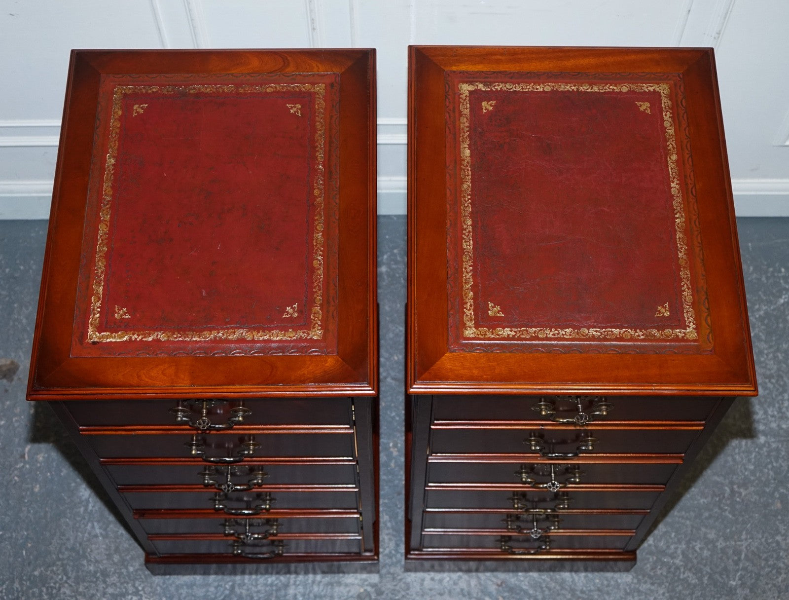 PAIR OF FILLING CABINETS BURGUNDY LEATHER GOLD EMBOSSED TOP 3 SPACIOUS DRAWERS