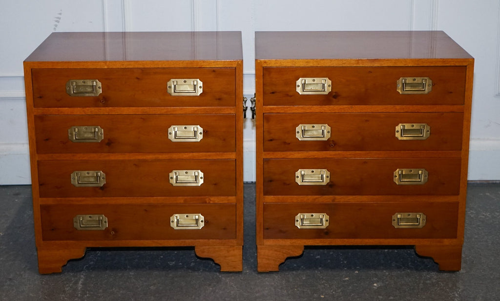 PAIR OF VINTAGE MILITARY CAMPAIGN YEW WOOD CHEST OF DRAWERS END TABLES