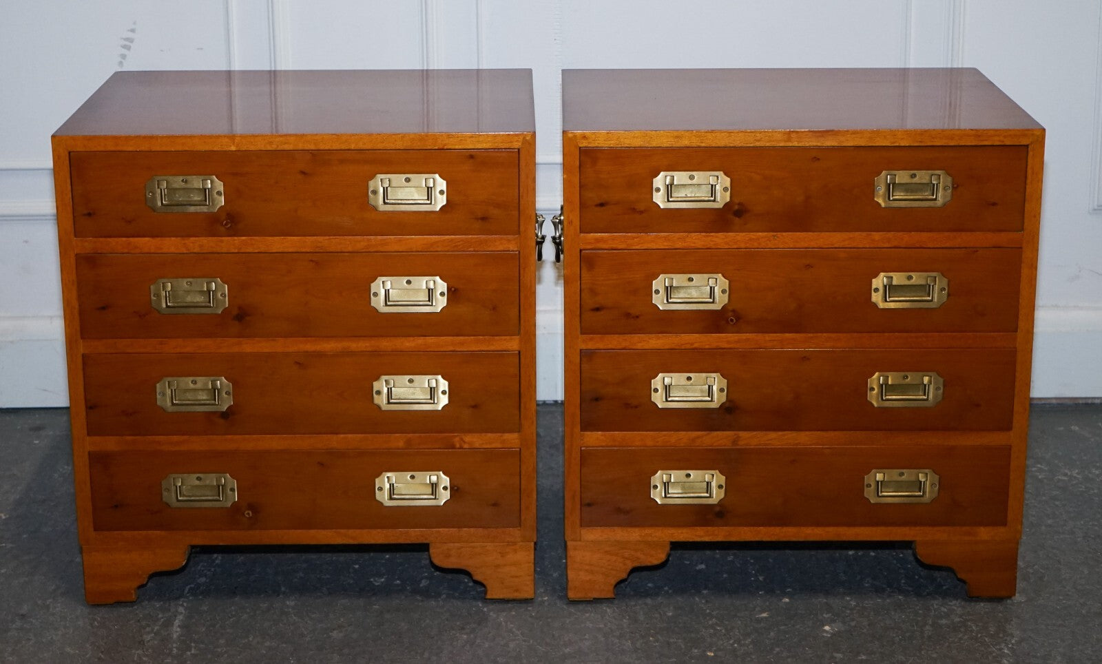PAIR OF VINTAGE MILITARY CAMPAIGN YEW WOOD CHEST OF DRAWERS END TABLES