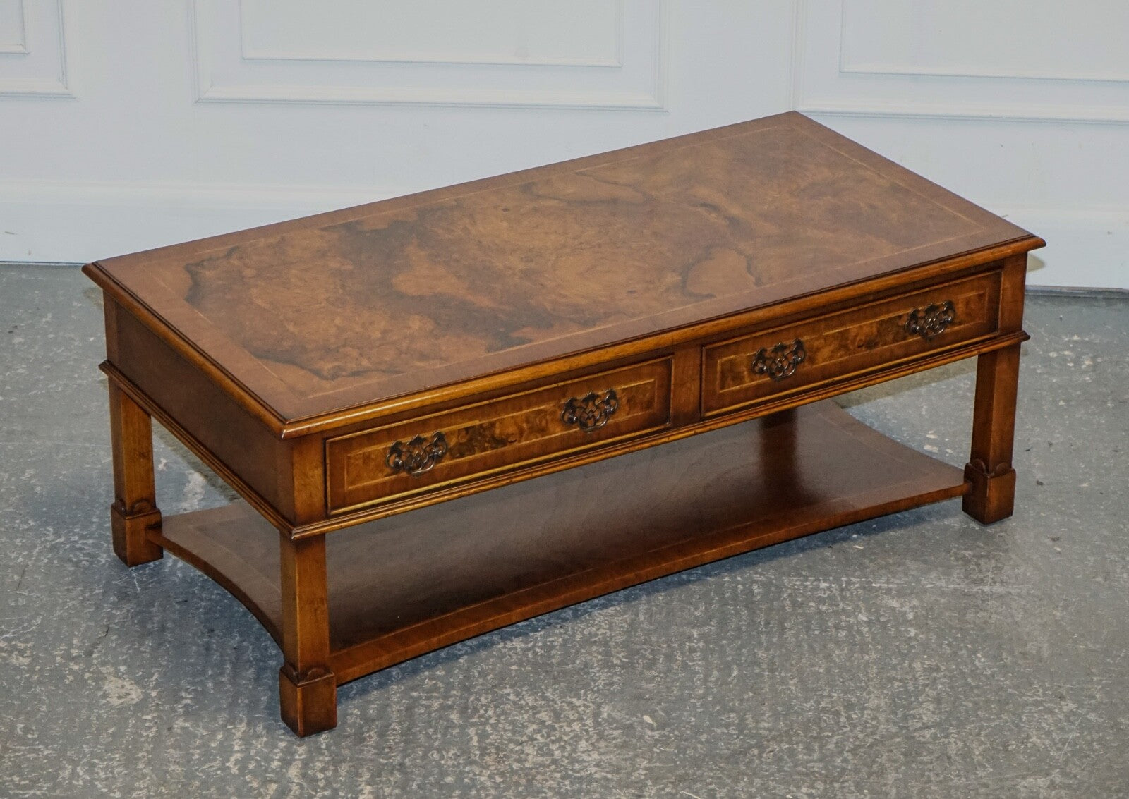 VINTAGE BRIGHTS OF NETTLEBED BURR WALNUT COFFEE TABLE WITH TWO DEEP DRAWERS