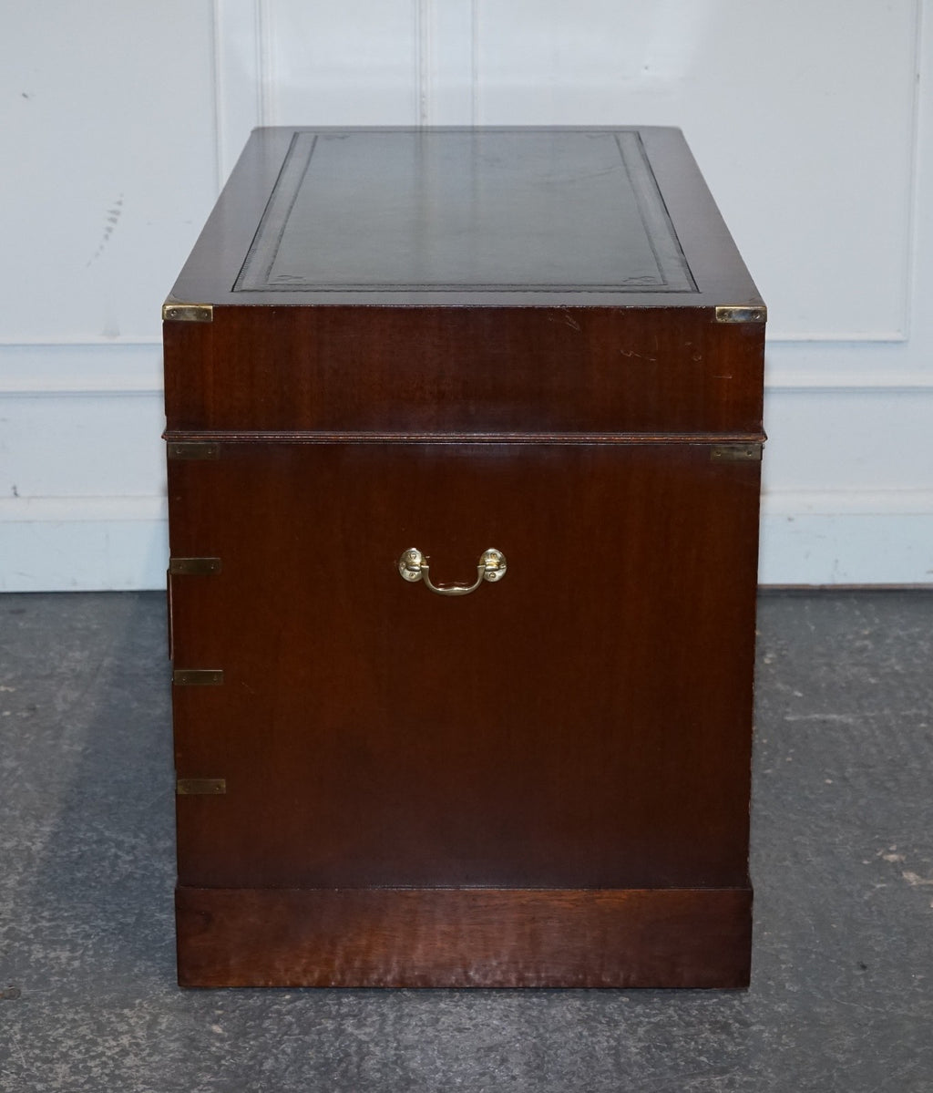 FINE RESTORED MILITARY CAMPAIGN TWIN PEDESTAL DESK WITH GREEN LEATHER TOP