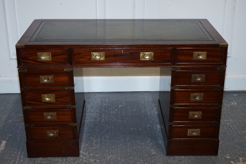 FINE RESTORED MILITARY CAMPAIGN TWIN PEDESTAL DESK WITH GREEN LEATHER TOP