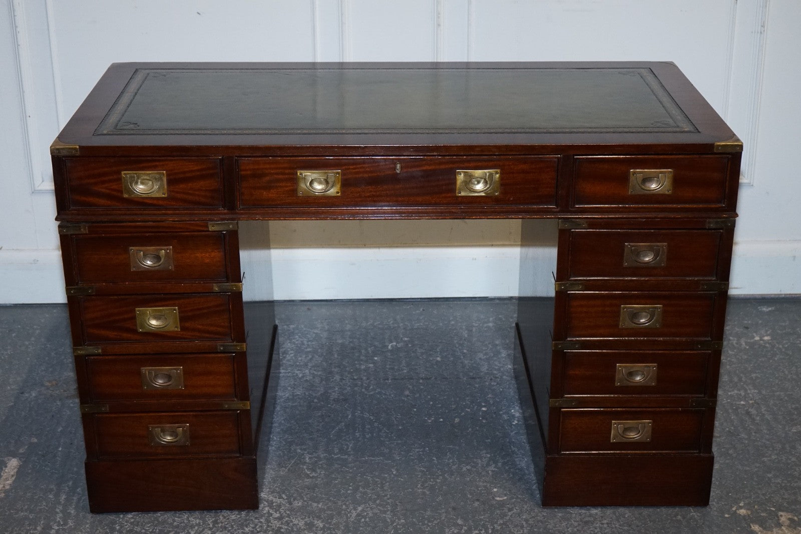FINE RESTORED MILITARY CAMPAIGN TWIN PEDESTAL DESK WITH GREEN LEATHER TOP