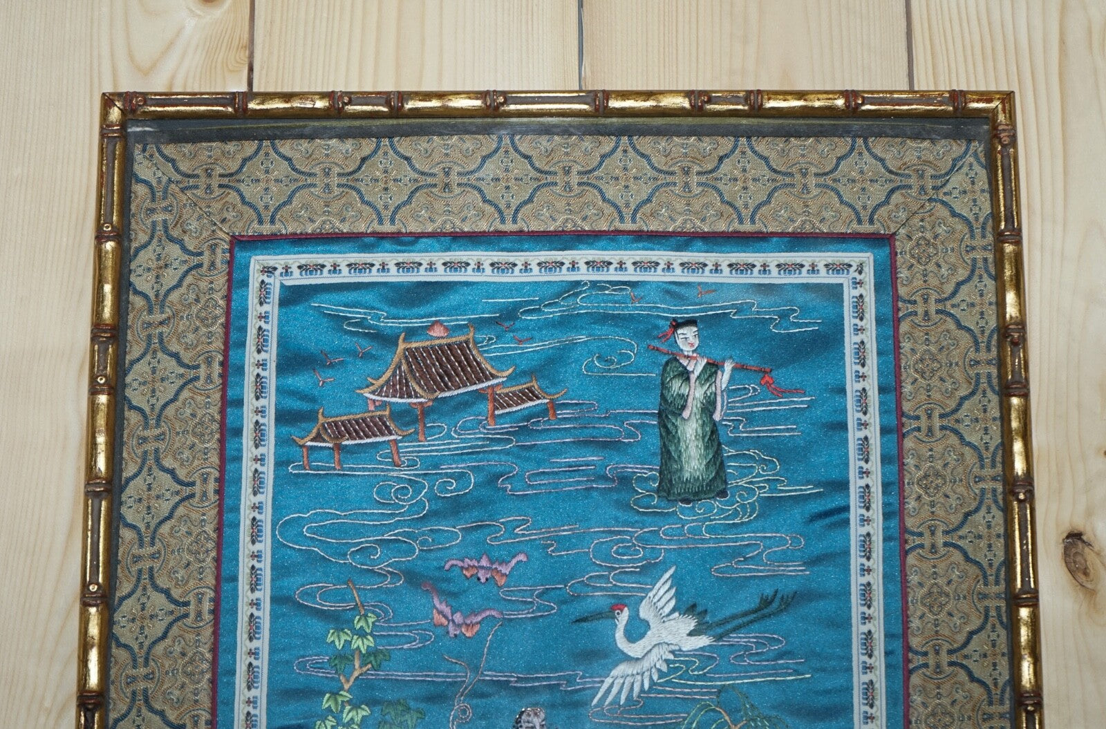VINTAGE CHINESE HAND EMBROIDERED SILK TAPESTRY PANEL IN FAUX GILT BAMBOO FRAME