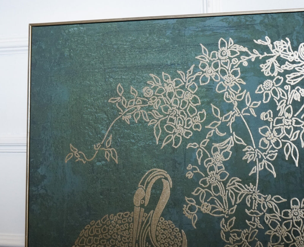 LOVELY PAIR OF PEACOCK ROOM ART PRINTS WALL DECOR TORQUOISE AND GOLD FRAMES