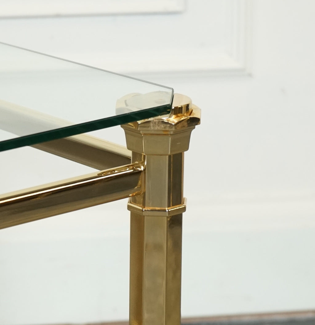 SET OF 1970'S HOLLYWOOD REGENCY GOLDEN BRASS GLASS NEST OF TABLES SIDE TABLE  J1