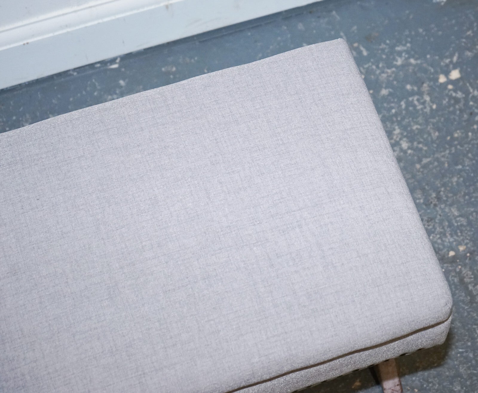 LOVELY VINTAGE GREY TAUPE FABRIC OTTOMAN WITH STORAGE SPACE RAISED ON X FRAME