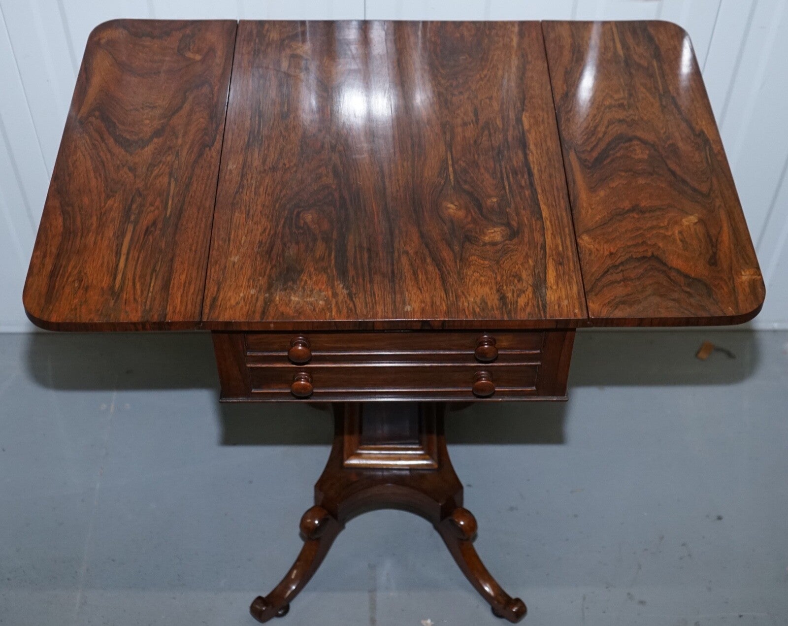 STUNNING REGENCY ROSEWOOD WORK TABLE WITH DROP LEAVES AND TWO DRAWERS