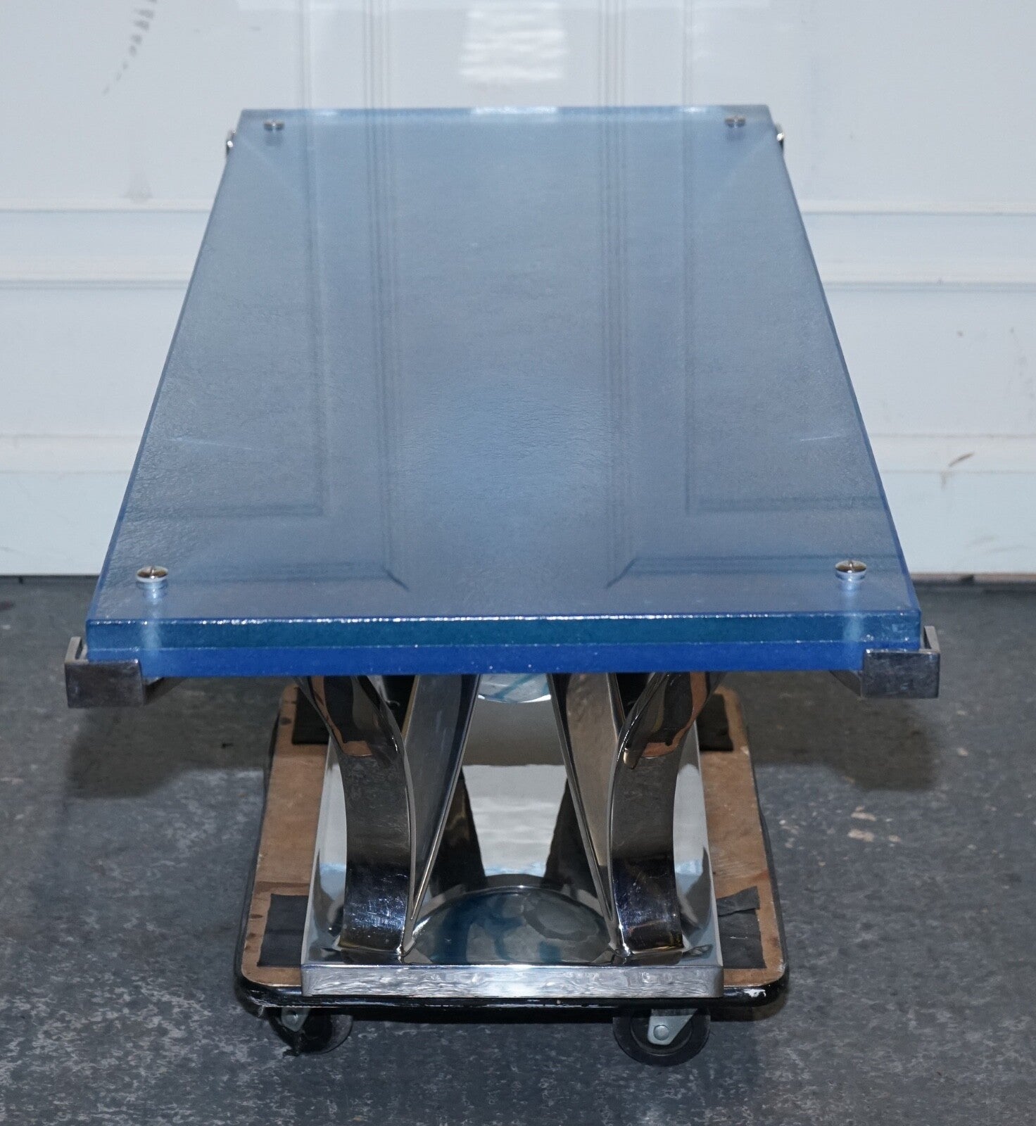 RARE CUSTOM HAND MADE GLASS MARINE GRADE STAINLESS STEEL COFFEE TABLE BY SOLIART