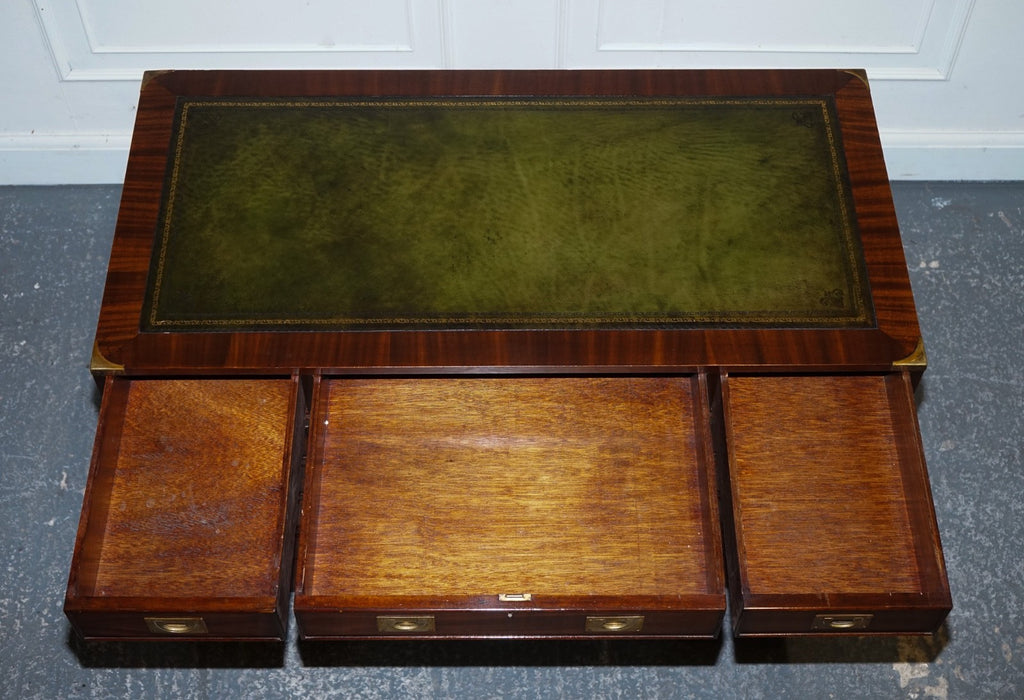FINE RESTORED MILITARY CAMPAIGN TWIN PEDESTAL DESK WITH GREEN LEATHER TOP
