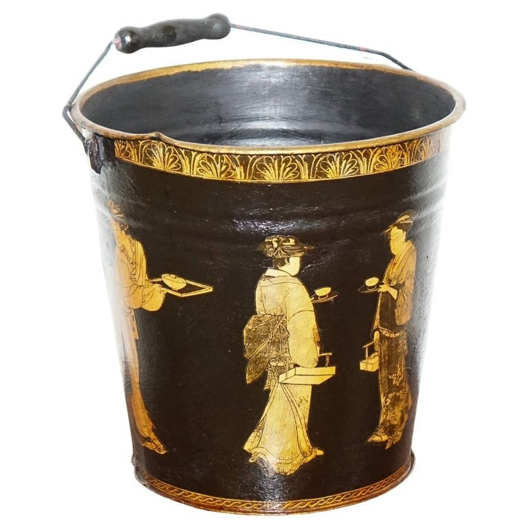 VINTAGE METAL TRADITIONAL DECOUPAGE BIN OR PLANTER BUCKET ORIENTAL DECORATIONS