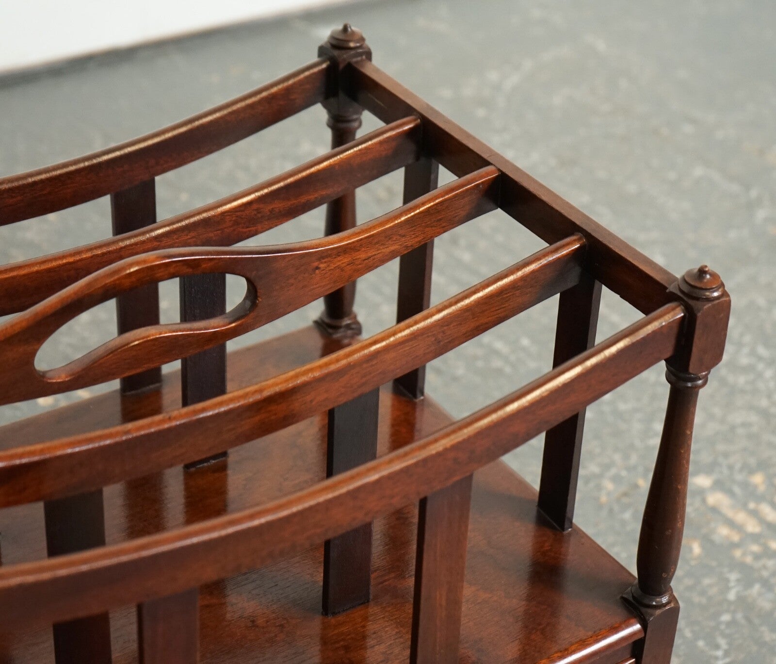 VINTAGE MAHOGANY CANTERBURY NEWSPAPER RACK WITH BRASS HANDLES