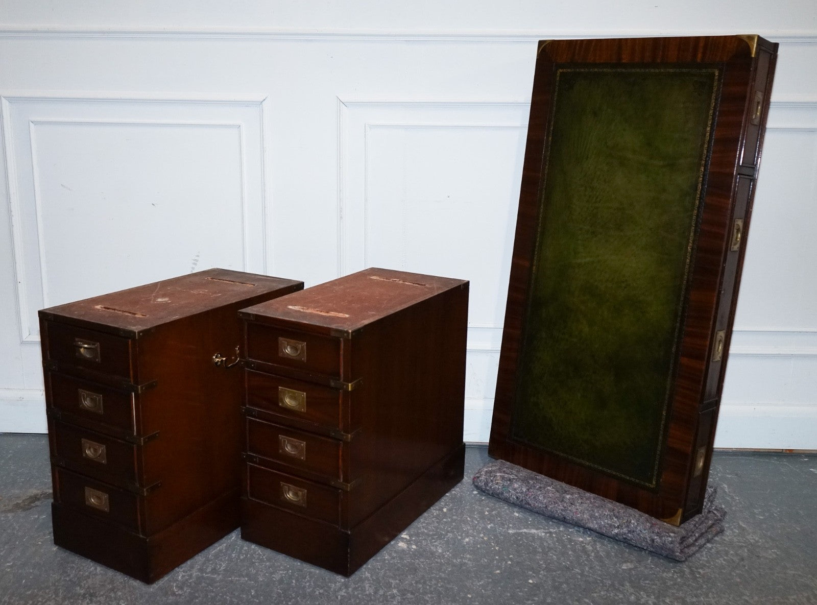 FINE RESTORED MILITARY CAMPAIGN TWIN PEDESTAL DESK WITH GREEN LEATHER TOP