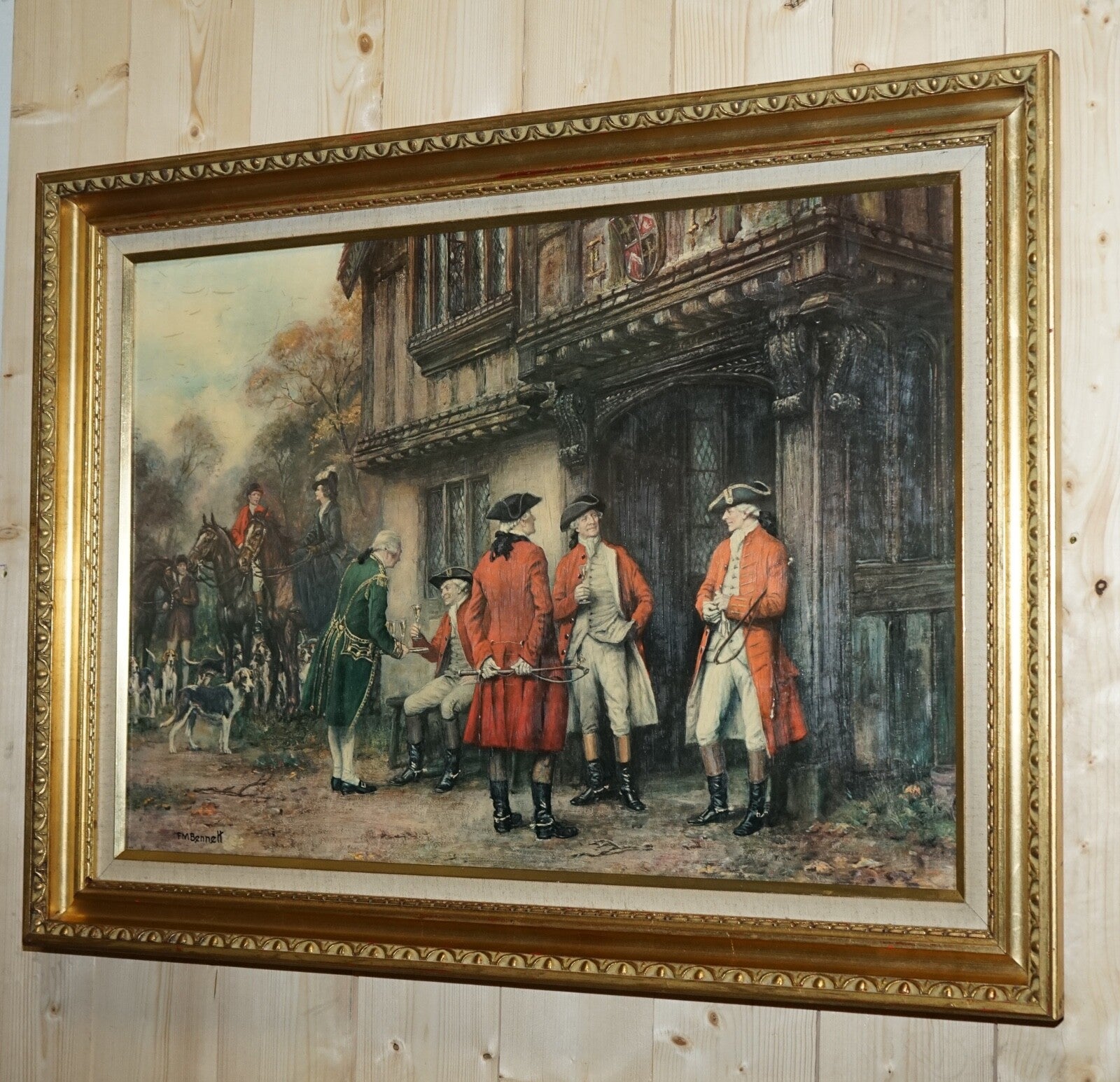 OIL PAINTING IN MANNER OF F.M.  BENNETT ''MEET AT THE LODGE' GILT STYLE FRAME