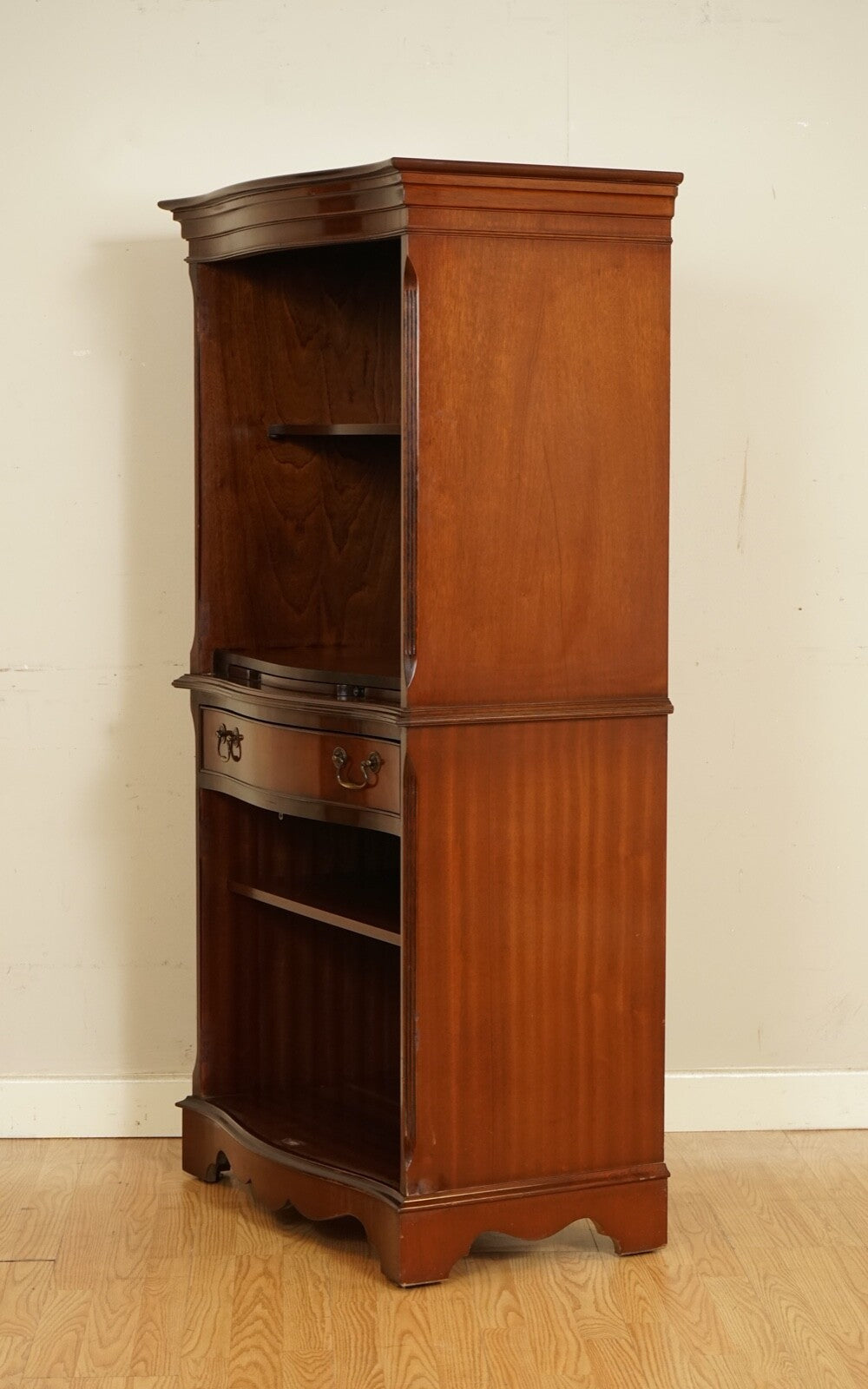 OPEN BOOKCASE CABINET WITH SHELVES SERVING TRAY AND DRAWER