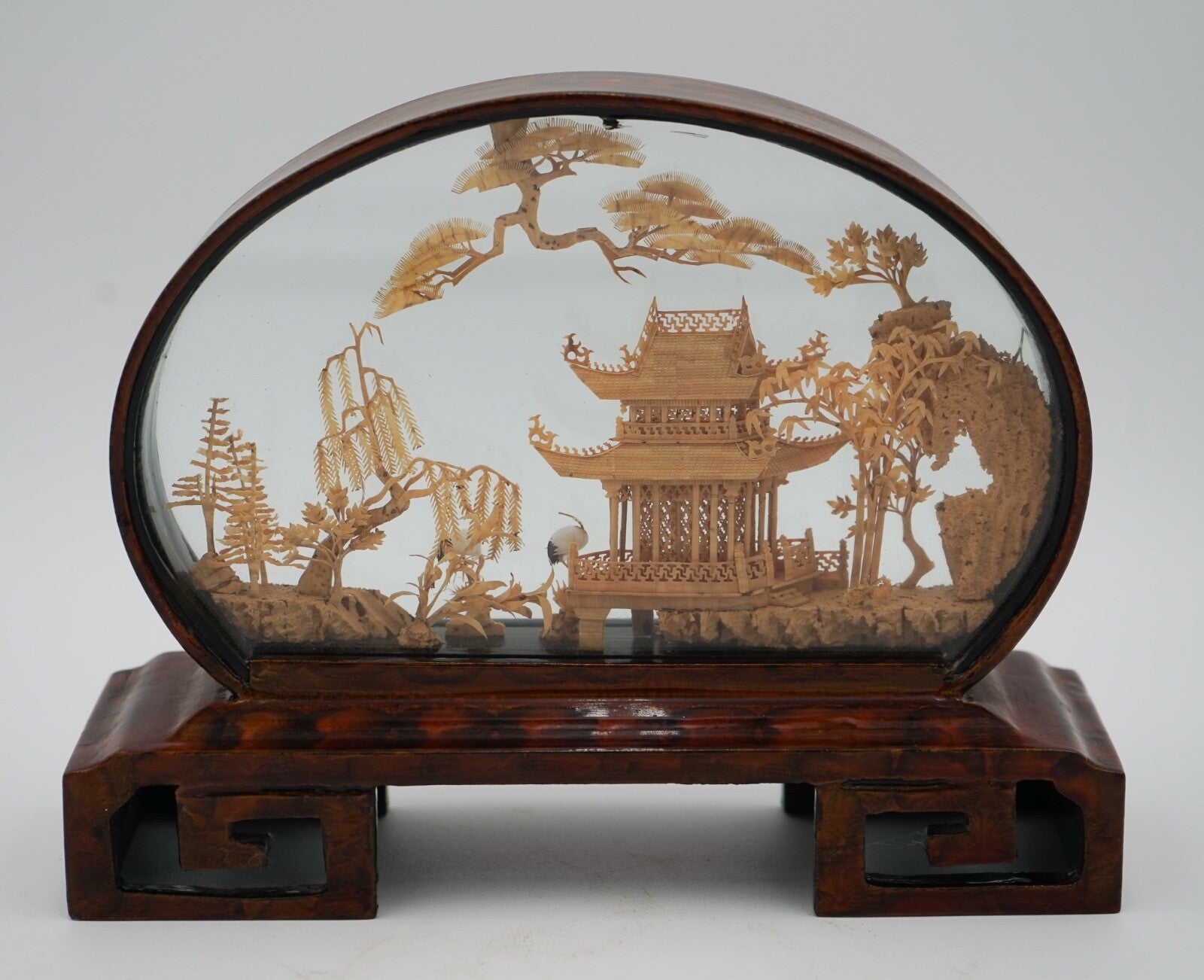 FRAMED CHINESE ORIENTAL CARVED CORK DIORAMA DISPLAY SCULPTURE VERY DECORATIVE