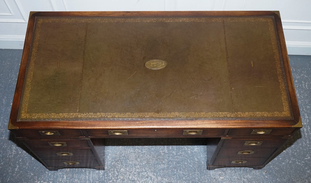 MILITARY CAMPAIGN TWIN PEDESTAL DESK WITH AGED GREEN LEATHER TOP BEVAN FUNELL